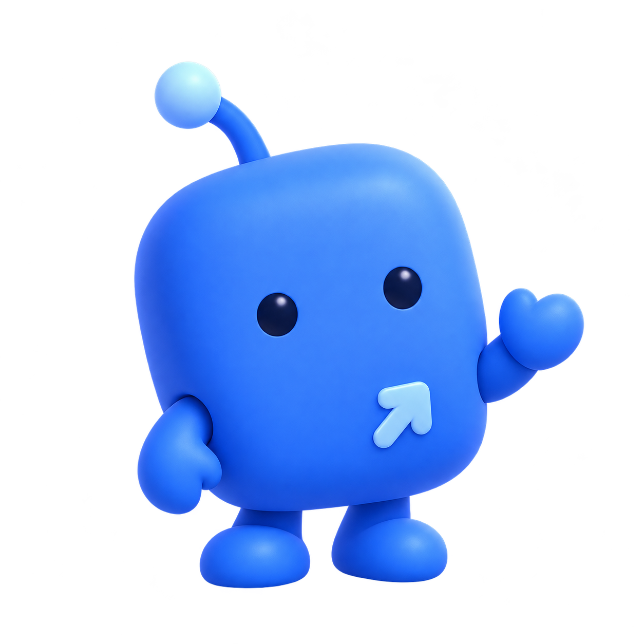 Pip, a small blue robot waving